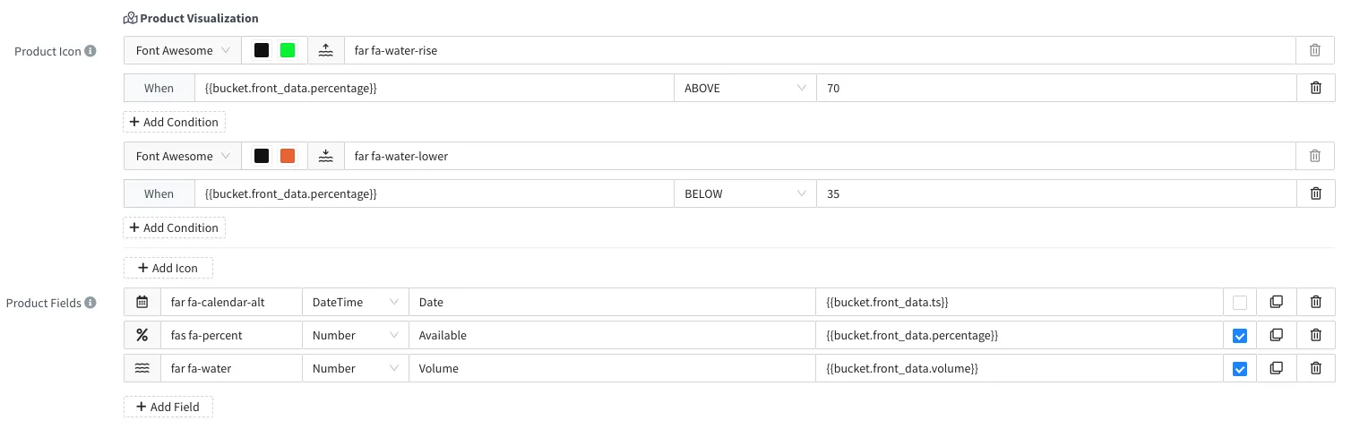 Product Visualization settings with two Font Awesome icons shown when bucket.front_data.percentage is above 70 or below 35, and Date, Available and Volume fields