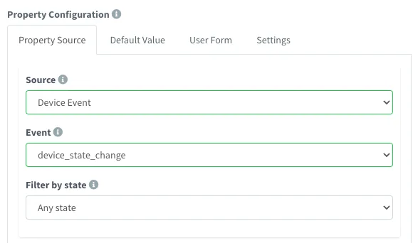 Property Source tab with Device Event as source, the device_state_change event and an Any state filter