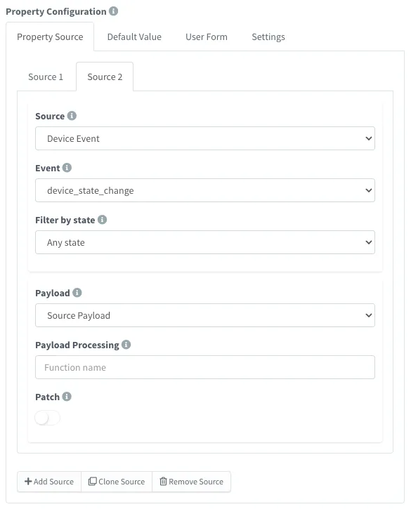 Property Source tab with two sources; Source 2 is a device_state_change event with Source Payload, payload processing and a Patch switch