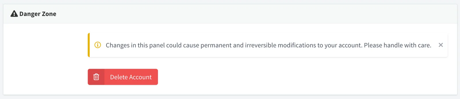 Danger Zone panel with a warning about irreversible changes and a Delete Account button