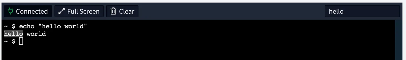 Terminal running echo hello world with hello typed in the search box and highlighted in the output