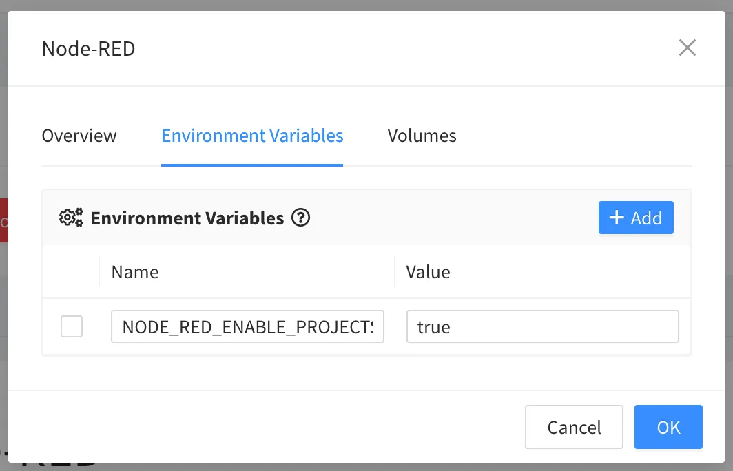 Node-RED installation dialog on the Environment Variables tab with NODE_RED_ENABLE_PROJECTS set to true