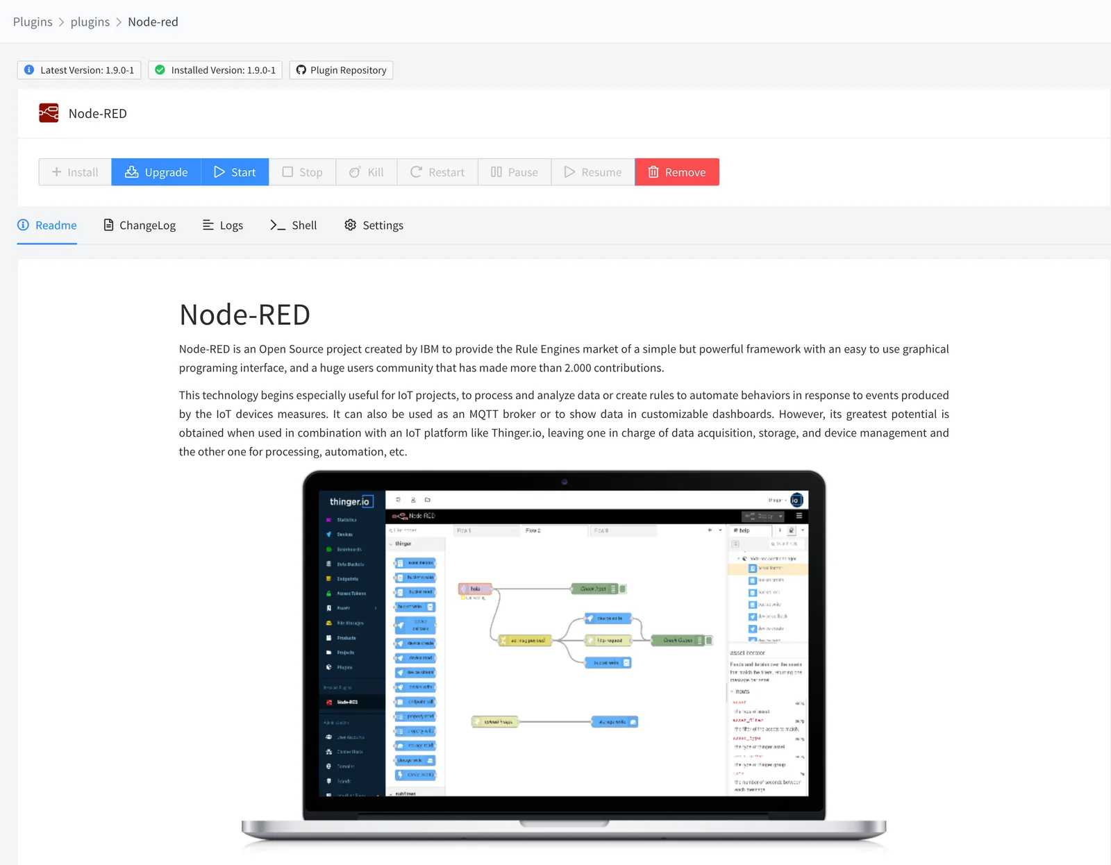 Node-RED plugin page with the version badges, the Install, Upgrade, Start, Stop, Kill, Restart, Pause, Resume and Remove buttons, and the Readme tab showing the plugin description and an image