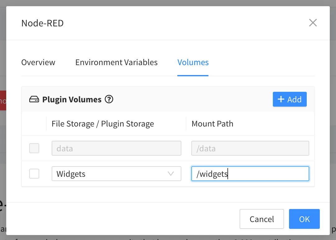 Node-RED installation dialog on the Volumes tab, with the data storage mounted on /data and a Widgets file storage mounted on /widgets