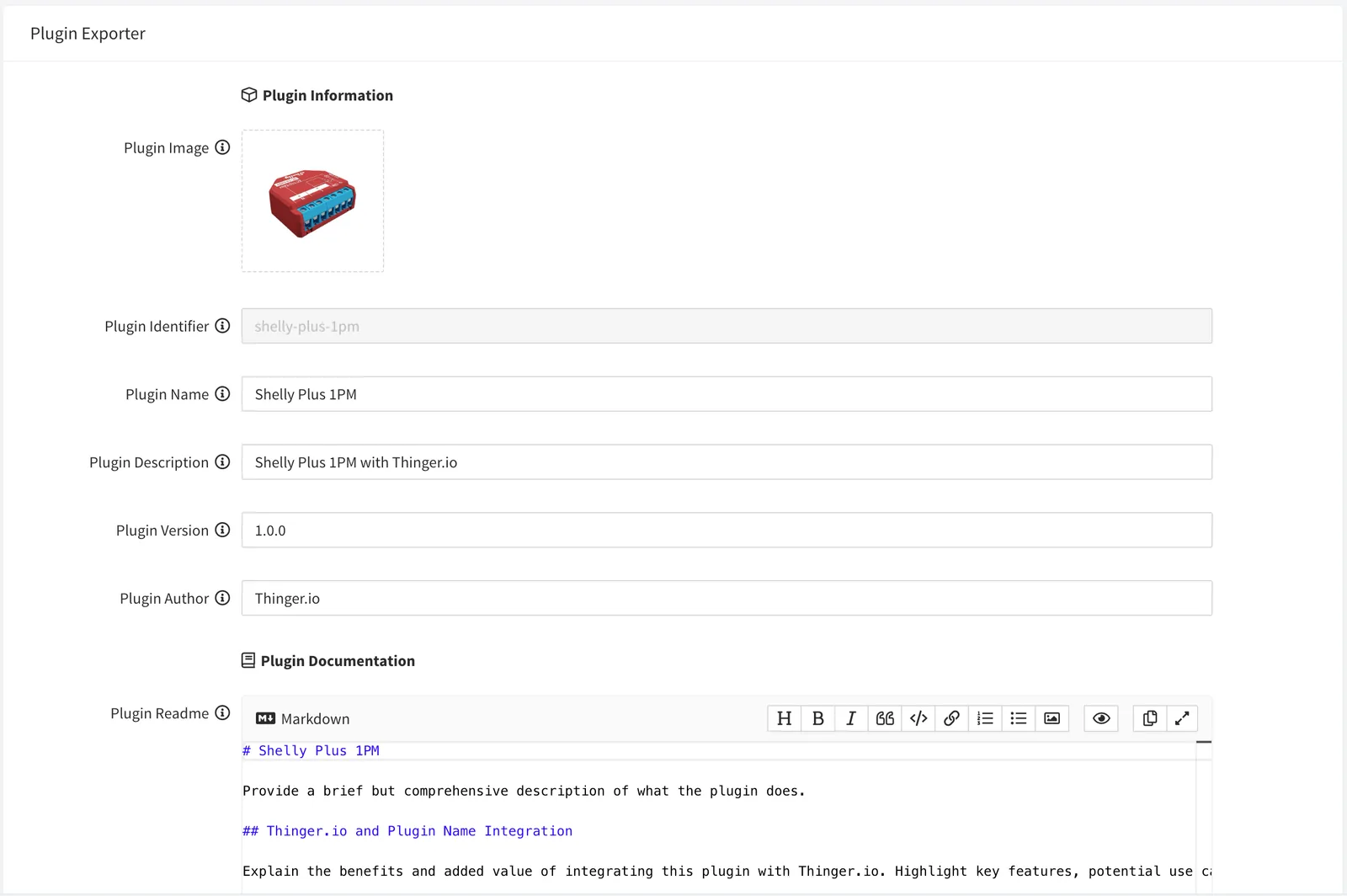 Plugin Exporter form for shelly-plus-1pm with the plugin image, name, description, version and author, and a markdown editor for the readme