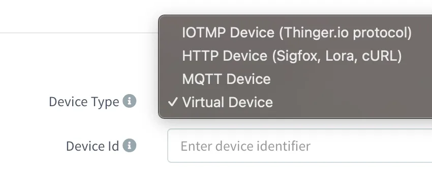 Device Type dropdown in the Add Device form with Virtual Device selected among IOTMP, HTTP and MQTT devices