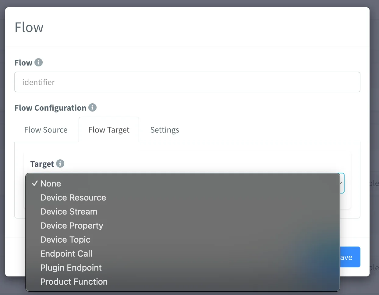 Flow dialog on the Flow Target tab with the Target dropdown open: None, Device Resource, Device Stream, Device Property, Device Topic, Endpoint Call, Plugin Endpoint and Product Function