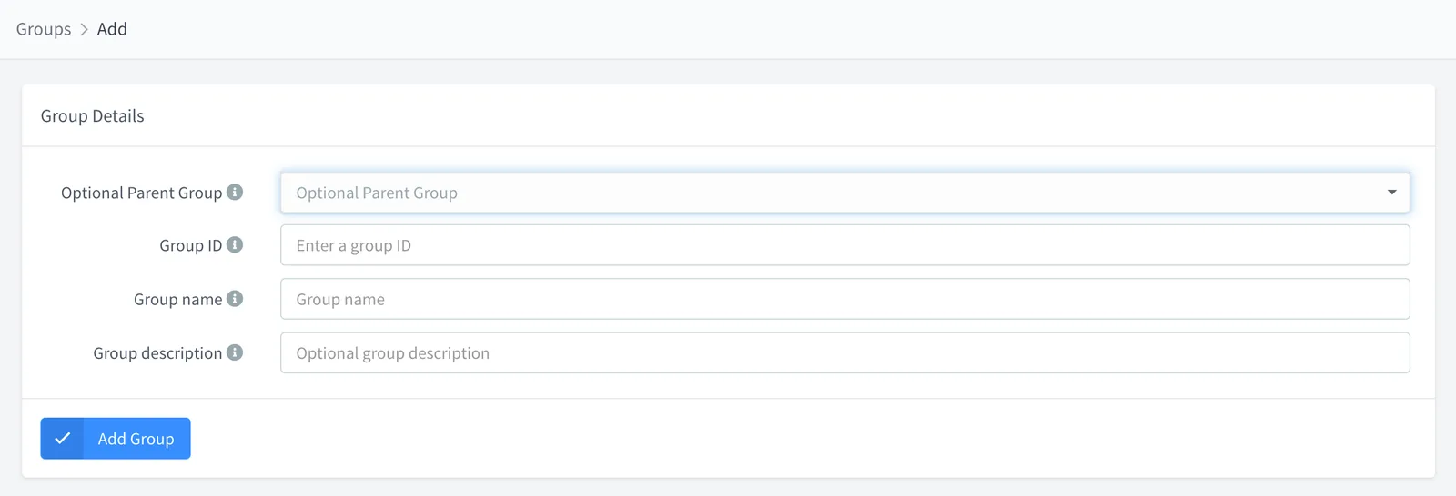 Add group form with the Optional Parent Group selector above the Group ID, name and description fields
