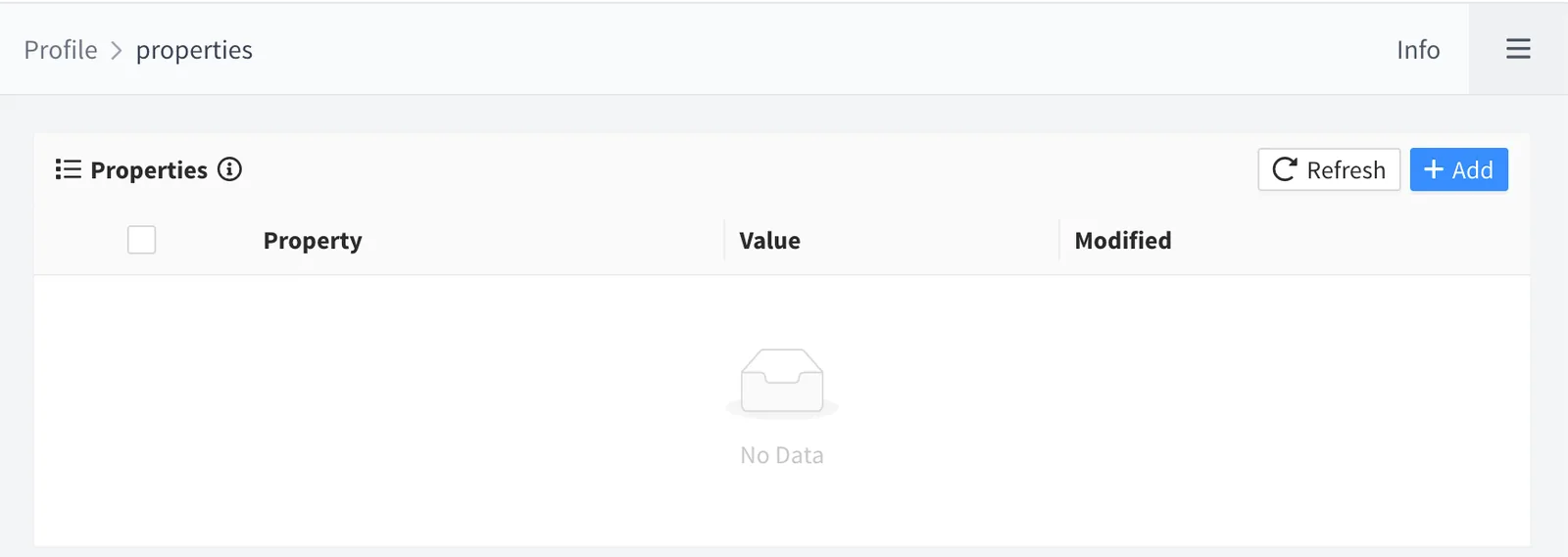Properties page of the user profile with an empty Properties table and the Refresh and Add buttons