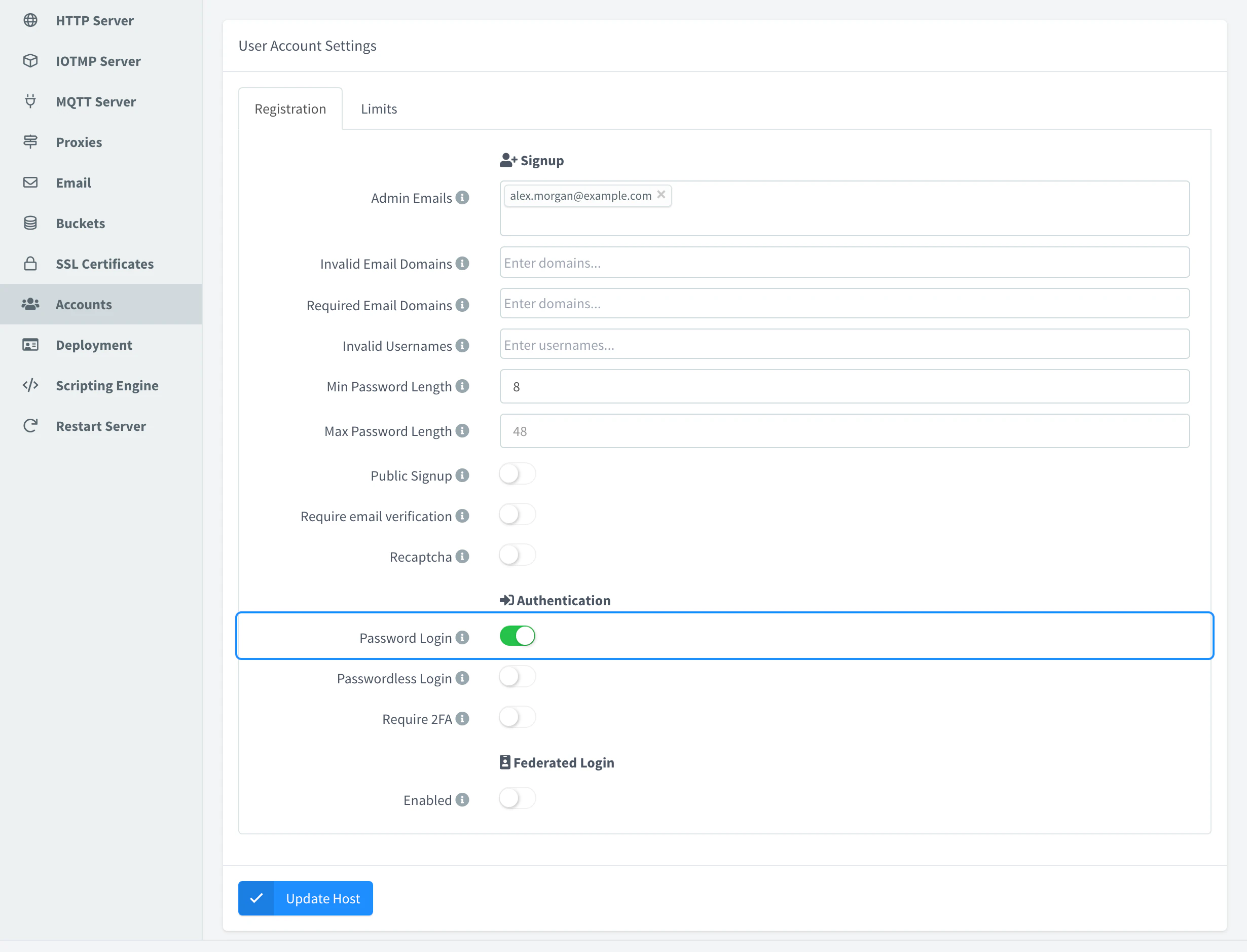 Accounts section of the server settings with the Authentication options: Password Login, highlighted, Passwordless Login and Require 2FA