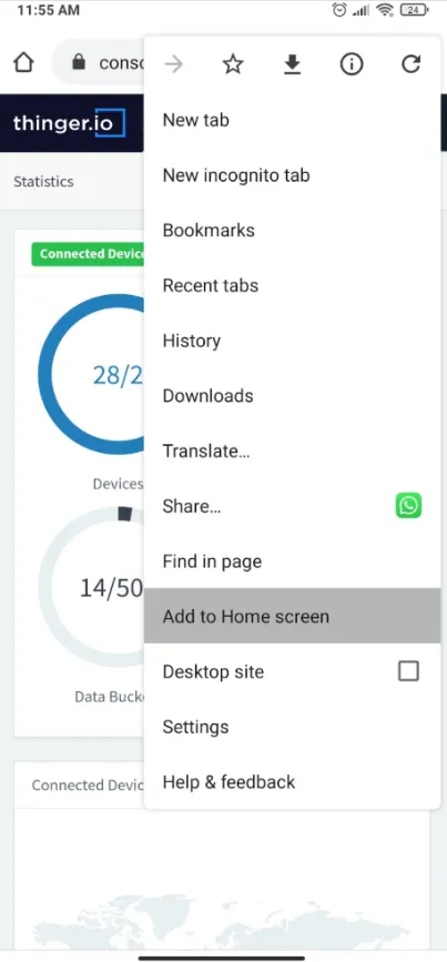The Chrome menu on Android open over the console, with the Add to Home screen option highlighted