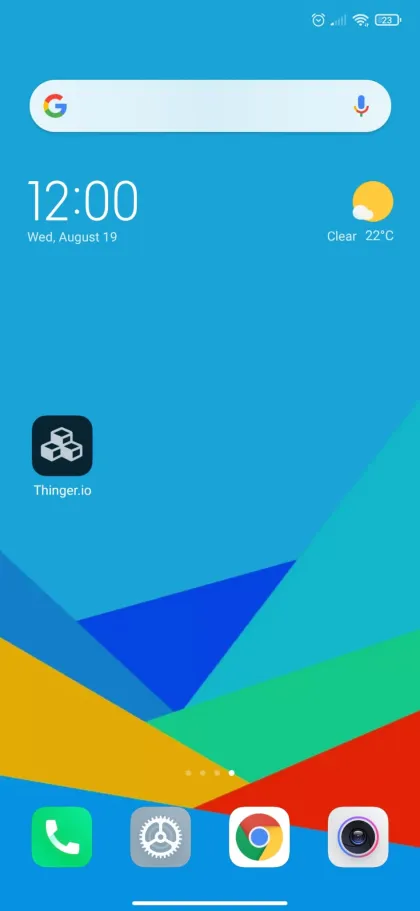 An Android home screen with the Thinger.io app icon among the other apps