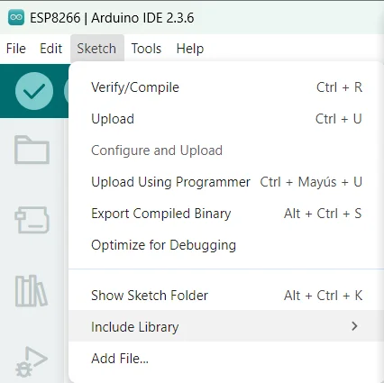 Sketch menu of the Arduino IDE with the Include Library option, which holds Add .ZIP Library