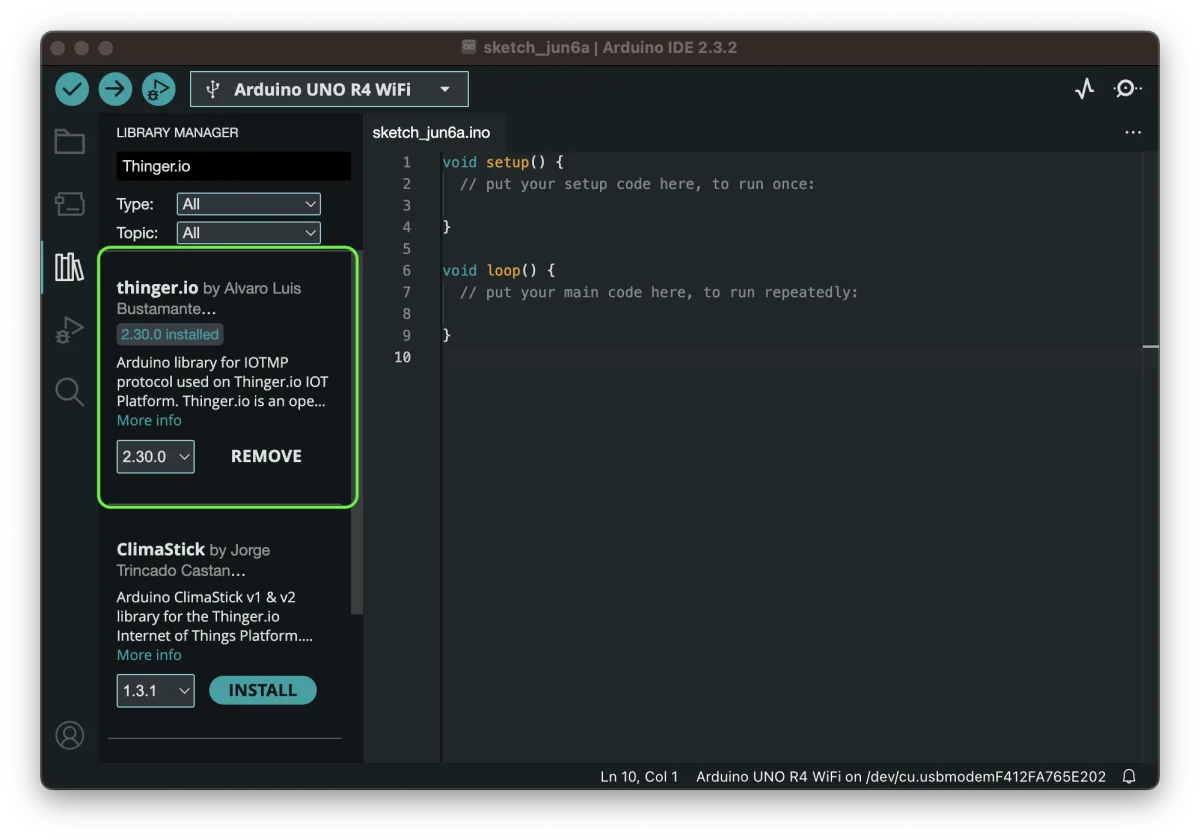 Arduino IDE 2 with the Library Manager open, the search box set to Thinger.io and the thinger.io library by Alvaro Luis Bustamante installed