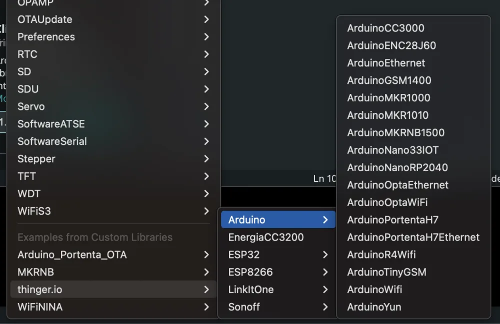 Arduino IDE File > Examples menu with thinger.io open: the Arduino, EnergiaCC3200, ESP32, ESP8266, LinkItOne and Sonoff folders, and the list of Arduino examples