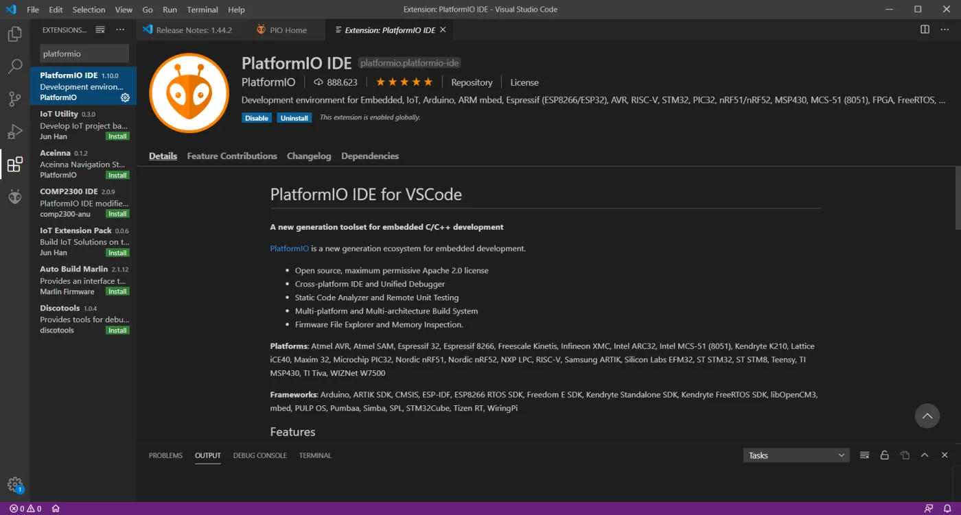 Visual Studio Code Extensions view with platformio in the search box and the PlatformIO IDE extension page open
