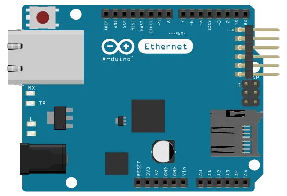 Arduino Ethernet shield with its RJ45 connector and microSD card slot
