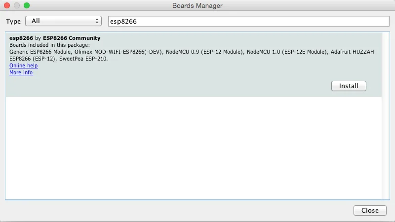 Arduino IDE Boards Manager with the esp8266 package by ESP8266 Community and its Install button