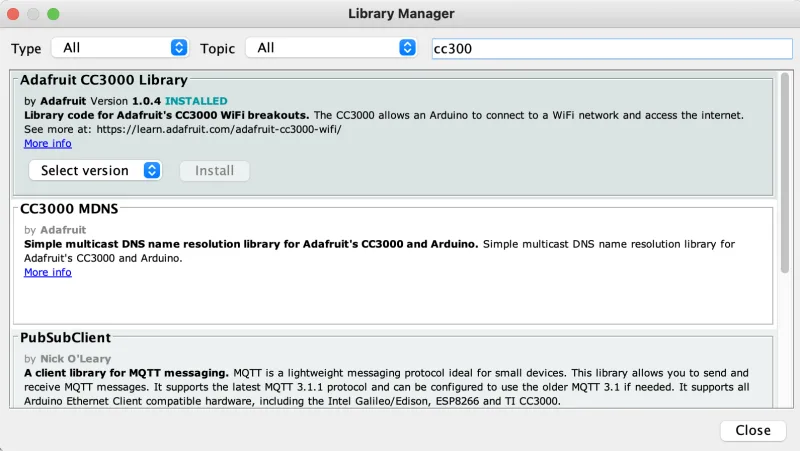 Arduino IDE Library Manager with the search cc3000 and the Adafruit CC3000 Library installed