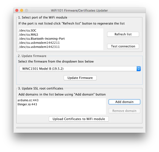 WiFi101 Firmware/Certificates Updater of Arduino IDE 1.8 with the port list, the firmware selector and the list of domains, with thinger.io:443 added