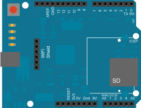 Arduino WiFi shield with its antenna and SD card slot
