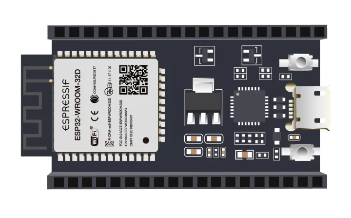 ESP32 development board with an ESP32-WROOM module, a micro USB connector and two rows of pins