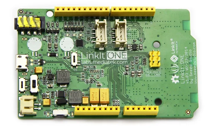 SeeedStudio LinkIt ONE board with its GSM, Wi-Fi and GPS antennas