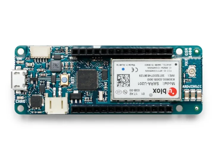 Arduino MKR GSM 1400 board with its u-blox SARA-U201 modem and the SIM card holder