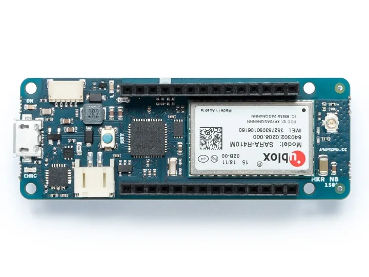 Arduino MKR NB 1500 board with its u-blox SARA-R410M modem and the micro SIM holder