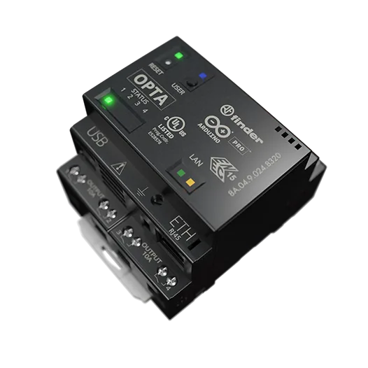 Arduino Opta micro PLC with its status LEDs, the USER button, the Ethernet port and the relay output terminals
