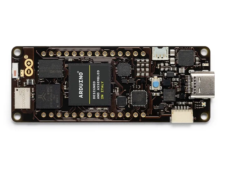 Arduino Portenta H7 board with its high-density connectors and the Wi-Fi antenna connector