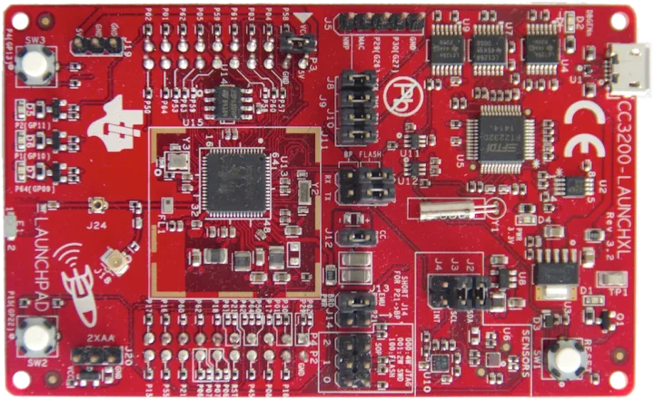 Texas Instruments CC3200 LaunchPad board with its red, yellow and green LEDs and the two push buttons