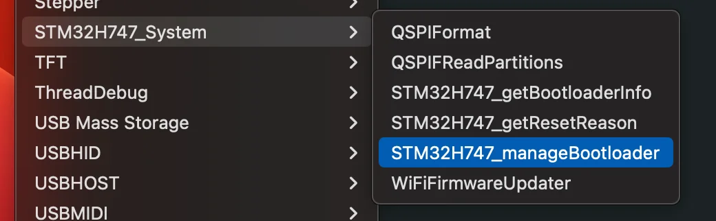 Arduino IDE examples menu, STM32H747_System submenu with QSPIFormat, STM32H747_manageBootloader and WiFiFirmwareUpdater