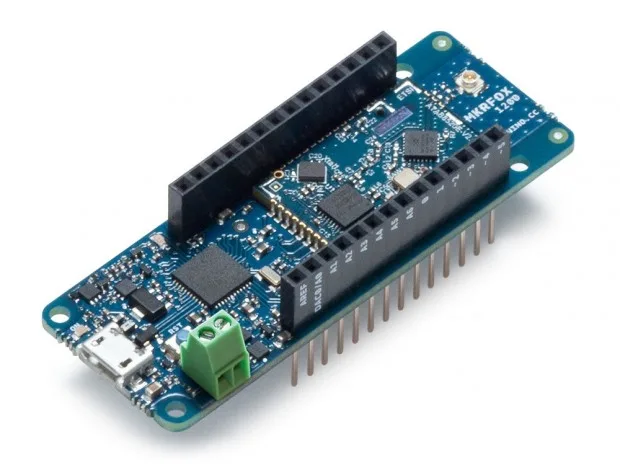 Arduino MKR FOX 1200 board, with its headers, the antenna connector and the battery terminal