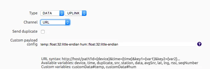 Custom callback form of the Sigfox backend with type DATA UPLINK, channel URL, Send duplicate unchecked and the custom payload config temp::float:32:little-endian hum::float:32:little-endian, followed by the list of available and custom variables