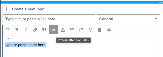 Editor of a new topic in the Thinger.io Community forum, with the Preformatted text button of the toolbar highlighted and a code block in the text