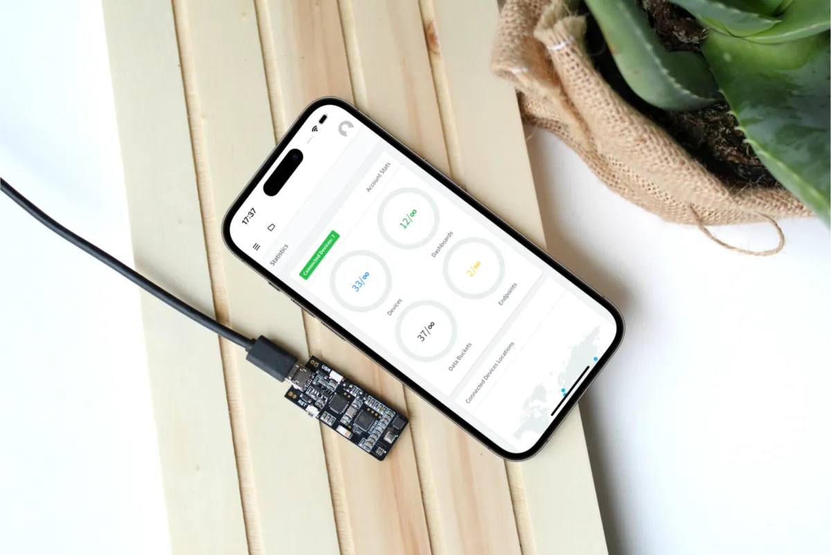A phone with the Thinger.io app open on Statistics, showing the counts of devices, dashboards, Data Buckets and endpoints, next to a ClimaStick board connected to a USB cable