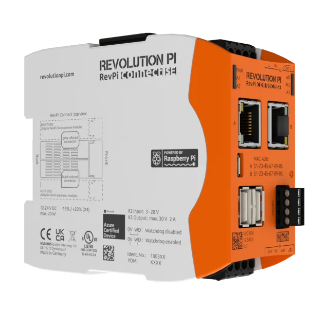 Revolution Pi Connect SE, a grey and orange DIN rail module with two Ethernet ports and USB ports