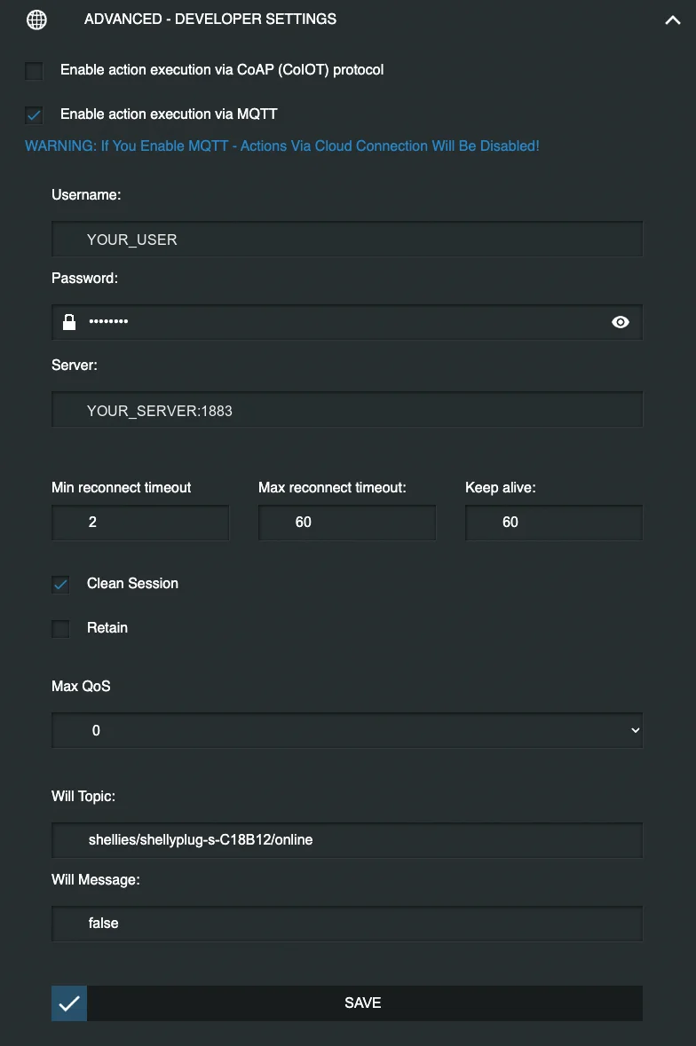 Advanced - Developer Settings of the Shelly Plug S with MQTT enabled, the username, the password, the server on port 1883 and the Will Topic shellies/shellyplug-s-C18B12/online