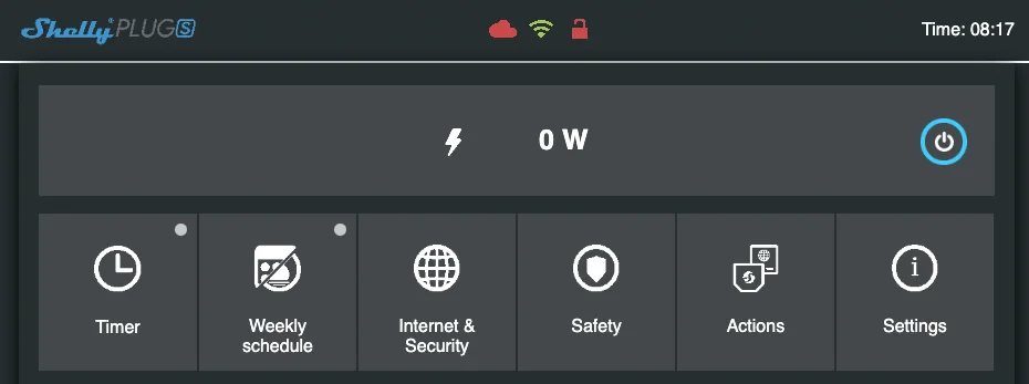 Main menu of the Shelly Plug S web interface, with the Timer, Weekly schedule, Internet & Security, Safety, Actions and Settings buttons