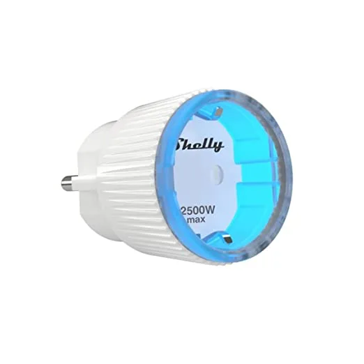 Shelly Plug S smart plug, a white plug-in socket with the Shelly logo