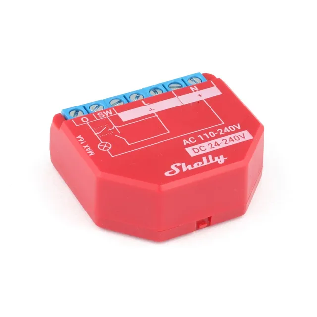 Shelly Plus 1PM, a small square relay module with its screw terminals