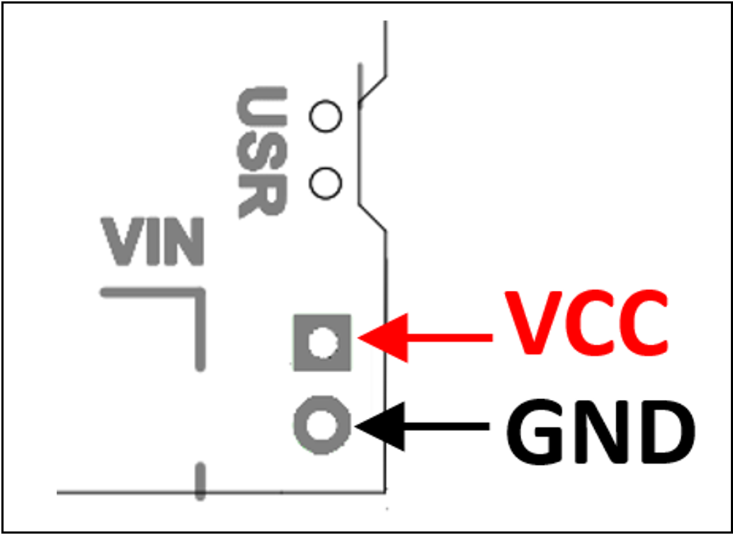 VIN header next to the USR button: the square pad is VCC and the round pad is GND