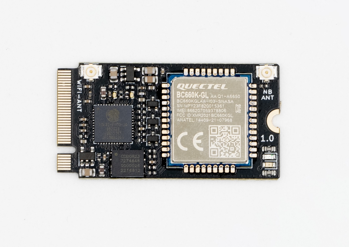 Front of the M2 IoT Modem with the ESP32-PICO-D4, the Quectel BC660K-GL modem and the two U.FL antenna connectors