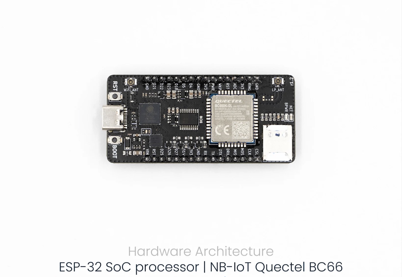 The Thinger32 NB-IoT board with its USB connector, the NB-IoT modem and the antenna connectors