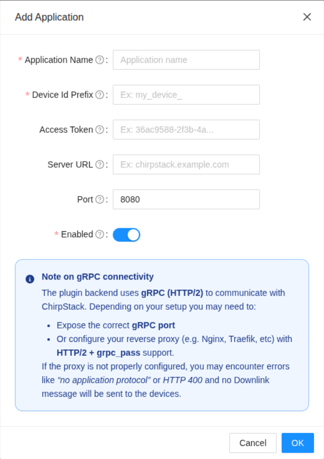 Add application modal in ChirpStack Thinger.io Plugin