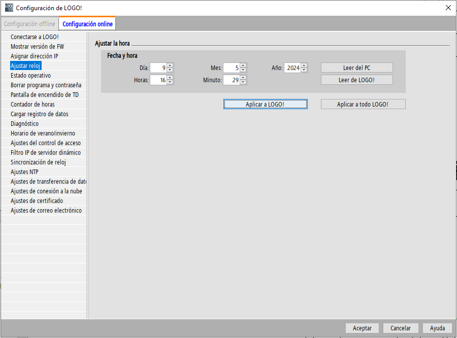 Time Settings in Soft Comfort software for Siemens LOGO!