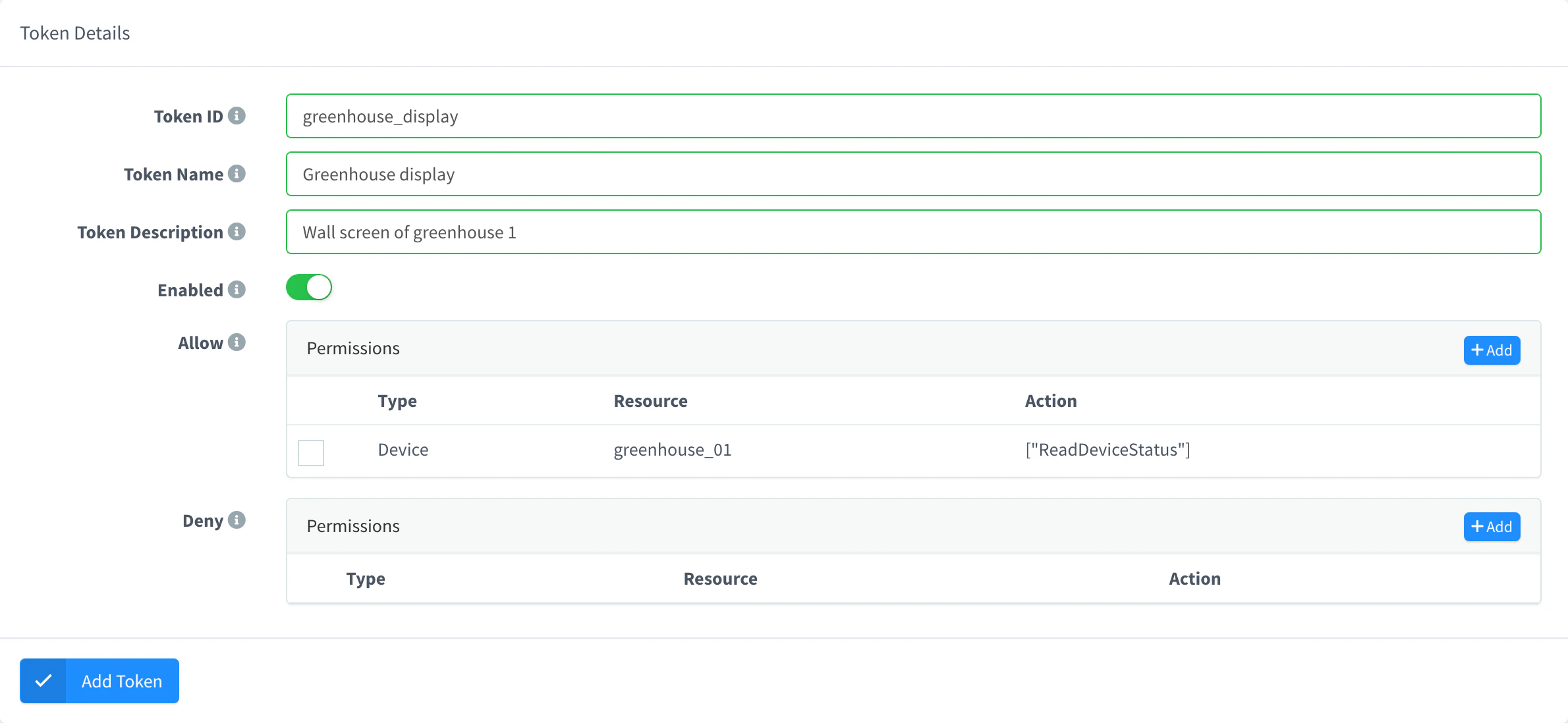 Add Token form with one permission in Allow: read the status of the greenhouse_01 device