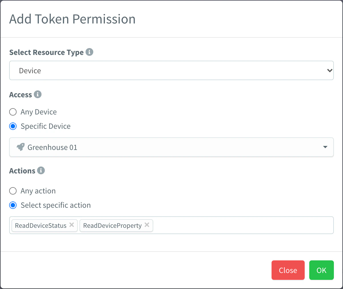 Permission dialog of the greenhouse_read token editing its Device permission: the device greenhouse_01 and the actions ReadDeviceStatus and ReadDeviceProperty