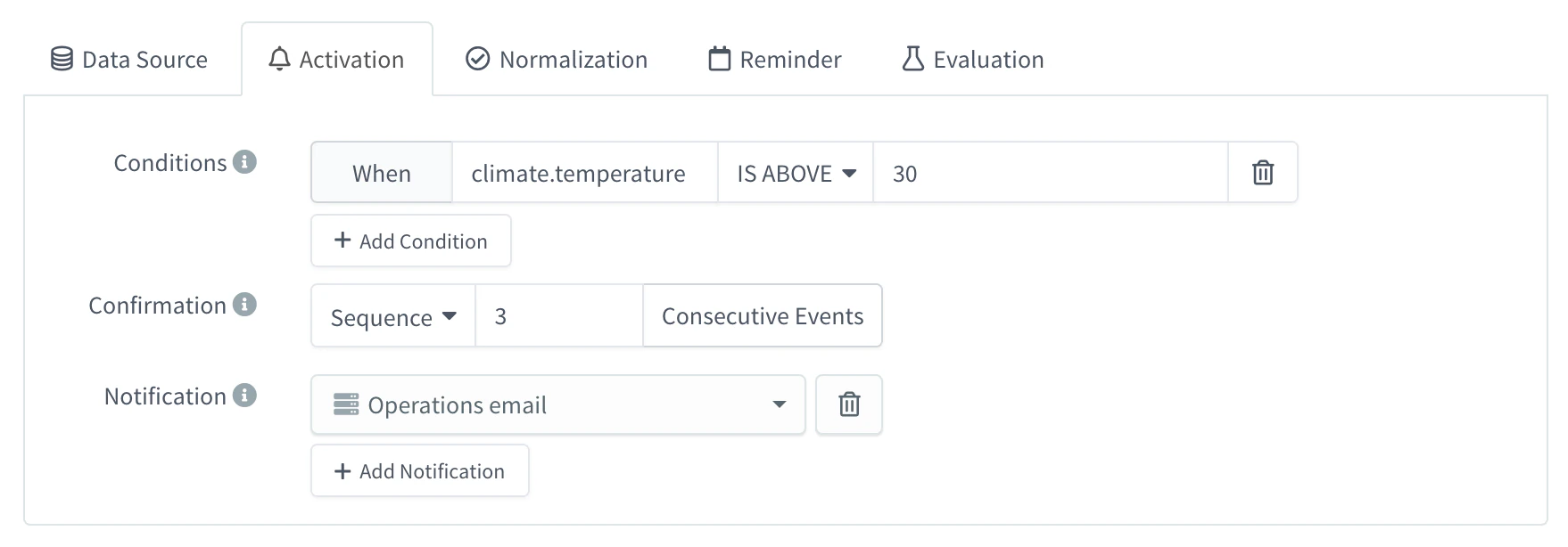 Activation tab of an alarm rule with the condition climate.temperature IS ABOVE 30, a Sequence confirmation of 3 consecutive events and the Operations email endpoint as notification
